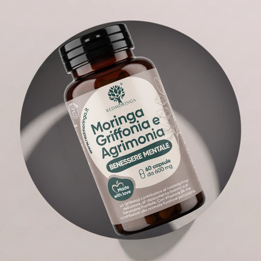 Fles Moringa Griffonia en Agrimonie Mentaal Welzijn RedMoringa, 60 capsules van 600 mg, griffonia bij ontspanning en stress