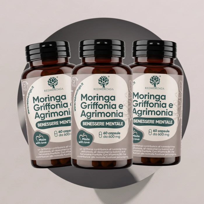 Drie flessen Moringa Griffonia en Agrimonie RedMoringa, verpakking van 3 voor een kuur van 60 dagen