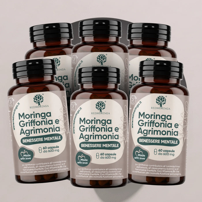 Zes flessen Moringa Griffonia en Agrimonie RedMoringa, verpakking van 6 voor een kuur van 120 dagen