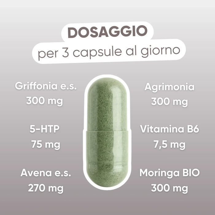 Dosering per 3 capsules: Griffonia 300 mg, Agrimonie 300 mg, vitamine B6 7,5 mg