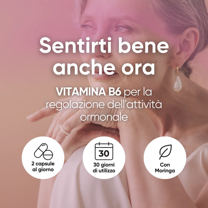 Overgangssupplement met Soja, Cimicifuga en Moringa: vitamine B6 voor de regulering van de hormonale activiteit