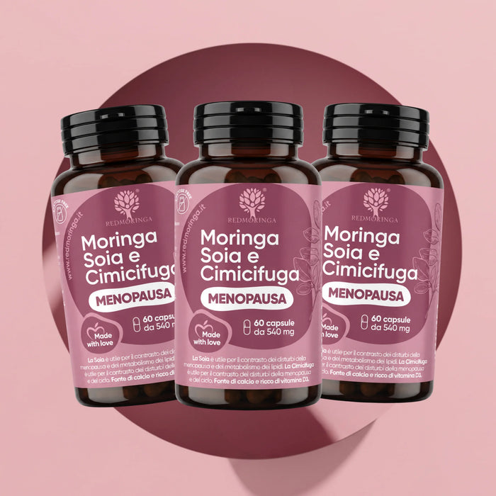 Drie flessen Moringa Soja en Cimicifuga RedMoringa, overgangssupplement, 3 x 60 plantaardige capsules voor 3 maanden