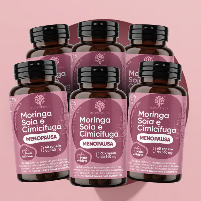 Zes flessen Moringa Soja en Cimicifuga RedMoringa, overgangssupplement, 6 x 60 plantaardige capsules voor 6 maanden