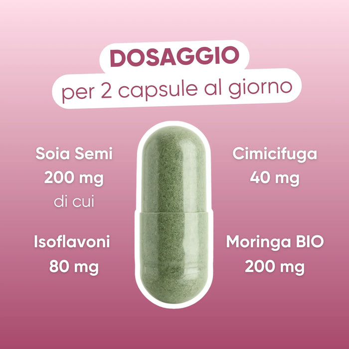 Dosering per 2 capsules: Soja 200 mg (isoflavonen 80 mg), Cimicifuga 40 mg, biologische Moringa 200 mg