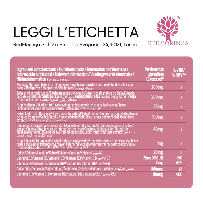 Ingrediëntentabel: Moringa, Soja, Salie, Cimicifuga, calcium, vitamine D3, B6, B12 en foliumzuur