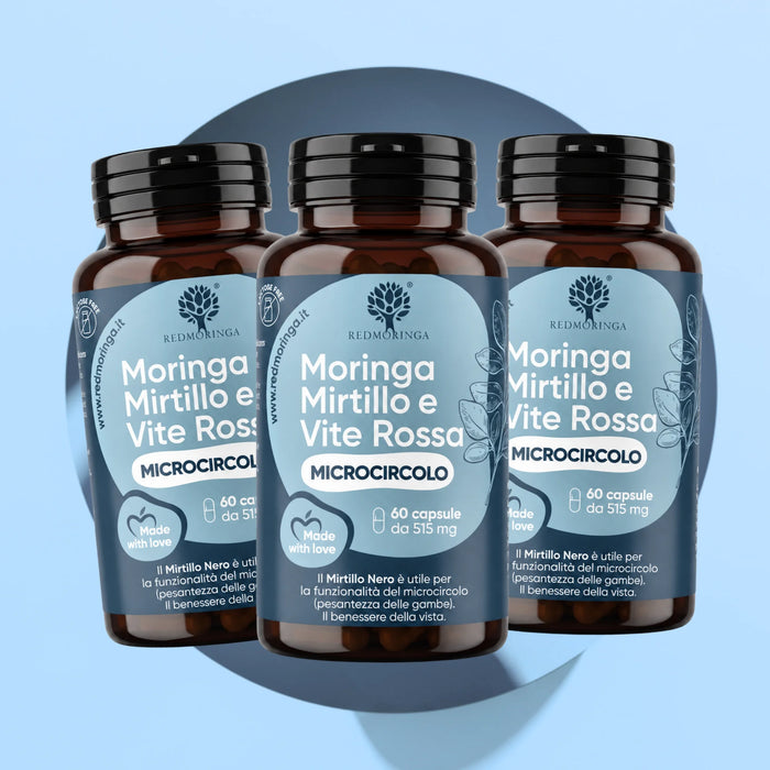 Drie flessen Moringa Bosbes en Rode Wijnstok RedMoringa, supplement voor de microcirculatie van de benen, 3 maanden