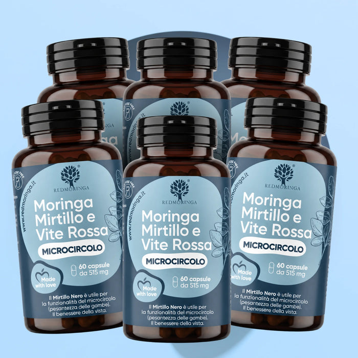 Zes flessen Moringa Bosbes en Rode Wijnstok RedMoringa, supplement voor de microcirculatie van de benen, 6 maanden