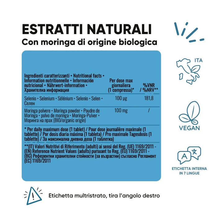 Etichetta interna dell'integratore Selenio e Moringa: selenio 100 µg (181,8% VNR) e moringa bio 100 mg per compressa