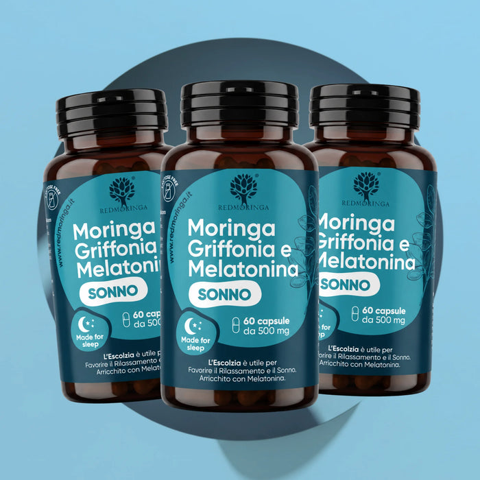 Drie potten Moringa Griffonia en Melatonine Slaap RedMoringa, elk 60 capsules, voedingssupplement voor de slaap