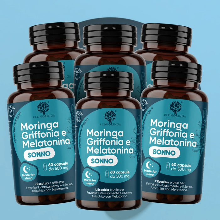 Zes potten Moringa Griffonia en Melatonine Slaap RedMoringa, voorraadverpakking met 360 capsules voor de slaap