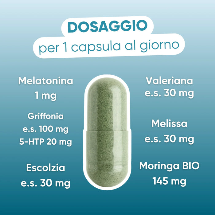 Dosering per capsule: melatonine 1 mg, griffonia 100 mg, Eschscholzia, citroenmelisse en valeriaan 30 mg