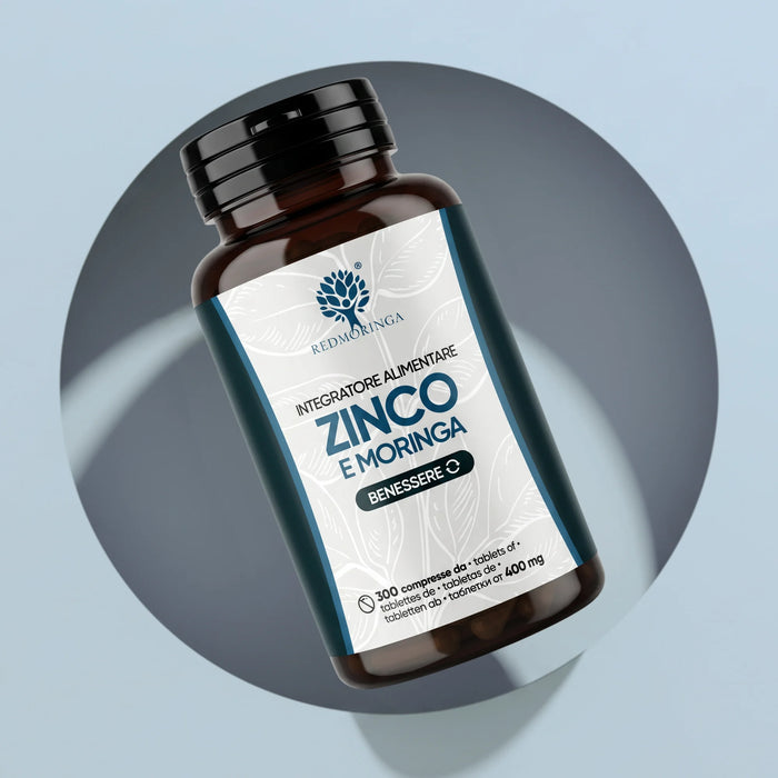 Fles van het voedingssupplement Zink en Moringa RedMoringa, 300 tabletten van 400 mg, zinksupplement voor een zuivere huid