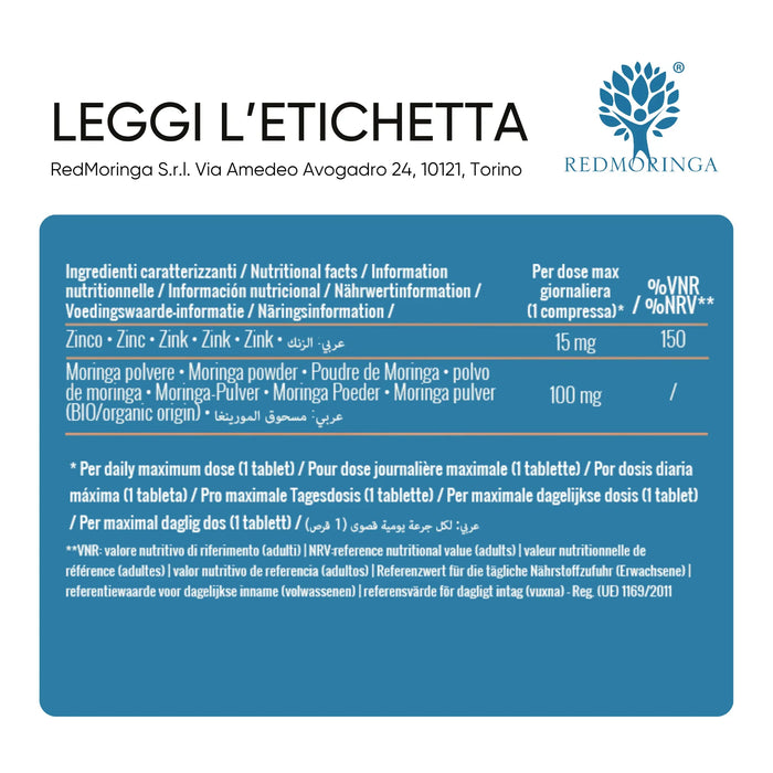 Ingrediëntentabel: zink 15 mg en Moringa 100 mg per tablet