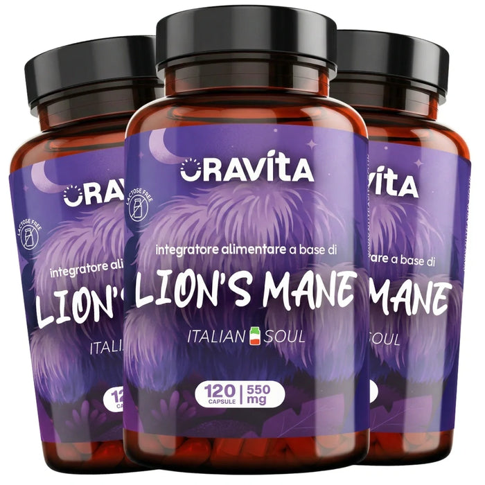 Drie potten Lion's Mane Oravita, 360 capsules van 550 mg met extract gestandaardiseerd op 30% polysacchariden
