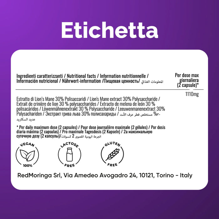 Etiket Lion's Mane Oravita: extract 30% polysacchariden, 1110 mg per dagdosis