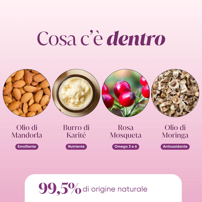 Ingrediënten: amandelolie, sheaboter, rozenbottel, Moringa-olie, 99,5% van natuurlijke oorsprong