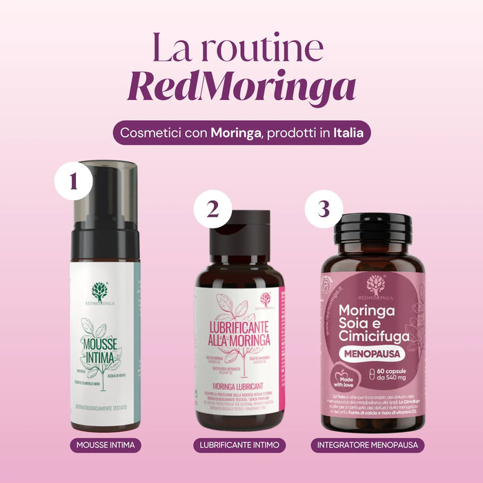 RedMoringa routine: intieme mousse, intiem glijmiddel, voedingssupplement overgang