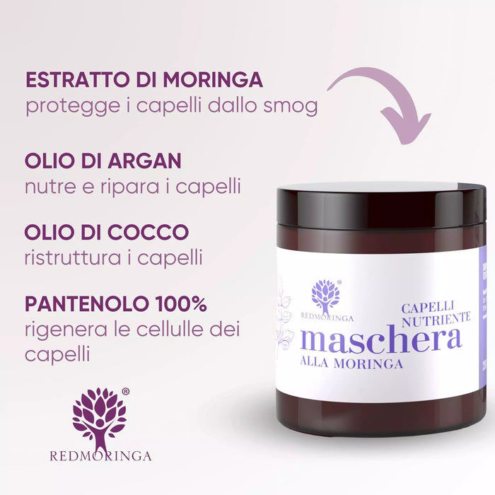 Potje RedMoringa haarmasker en de actieve stoffen: Moringa-extract, arganolie, kokosolie en panthenol
