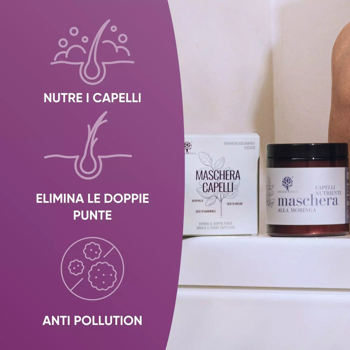 Potje en doosje van het RedMoringa haarmasker in de badkamer, met iconen: voedt, tegen gespleten punten, anti-pollution
