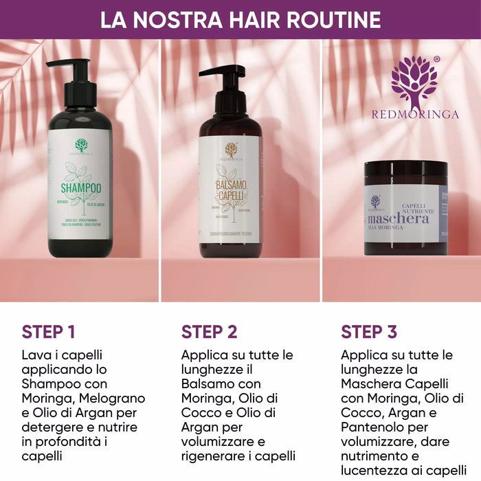 RedMoringa haarroutine in drie stappen: shampoo, conditioner en haarmasker met Moringa, kokosolie en argan