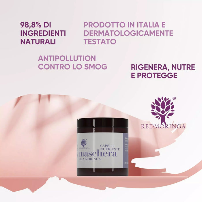 Potje haarmasker met Moringa op roze crème: 98,8% natuurlijke ingrediënten, gemaakt in Italië, anti-smog