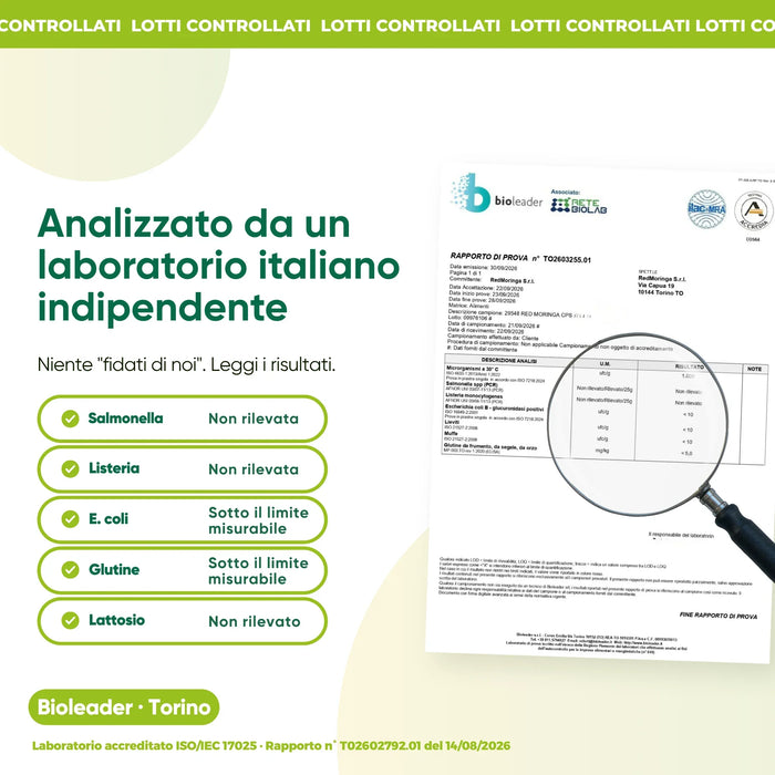 Moringa analizzata da un laboratorio italiano indipendente: salmonella, listeria e lattosio non rilevati