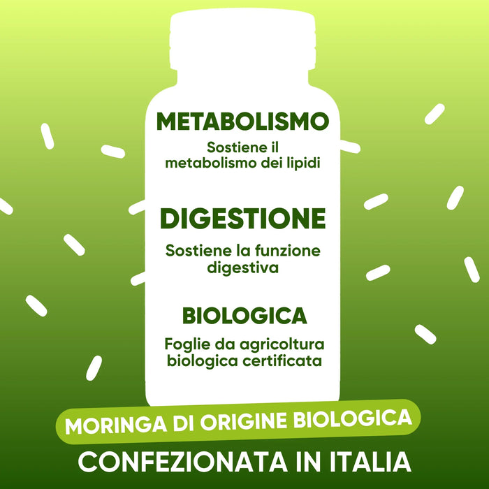 Moringa biologica: metabolismo dei lipidi, funzione digestiva, foglie da agricoltura biologica, confezionata in Italia