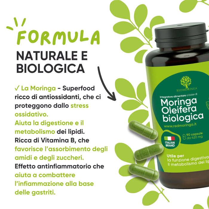 Flacone Moringa Oleifera biologica RedMoringa con capsule e foglie: formula naturale e bio ricca di antiossidanti