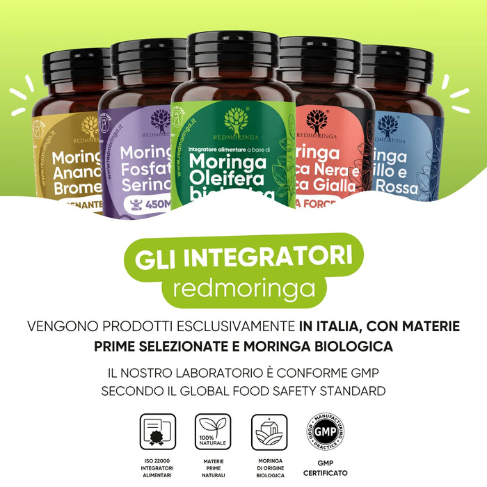 Gli integratori RedMoringa sono prodotti in Italia con Moringa biologica, laboratorio conforme GMP