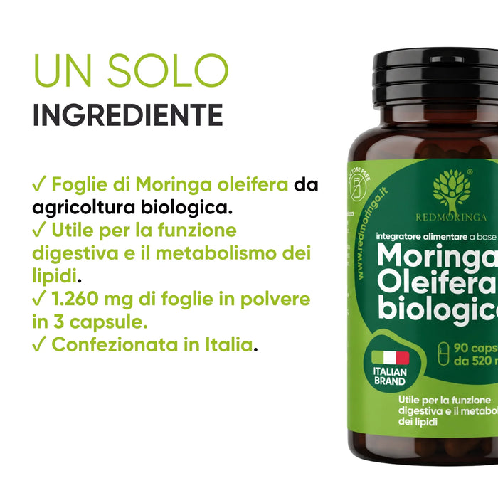 Un solo ingrediente: foglie di Moringa oleifera biologica, 1.260 mg in 3 capsule