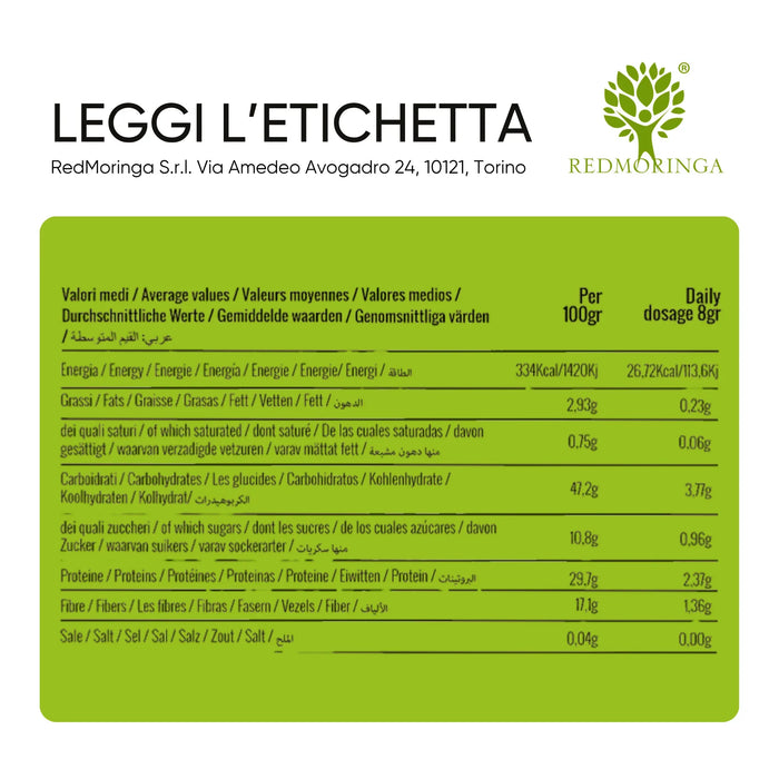 Voedingswaarden van Moringapoeder per 100 g en per 8 g