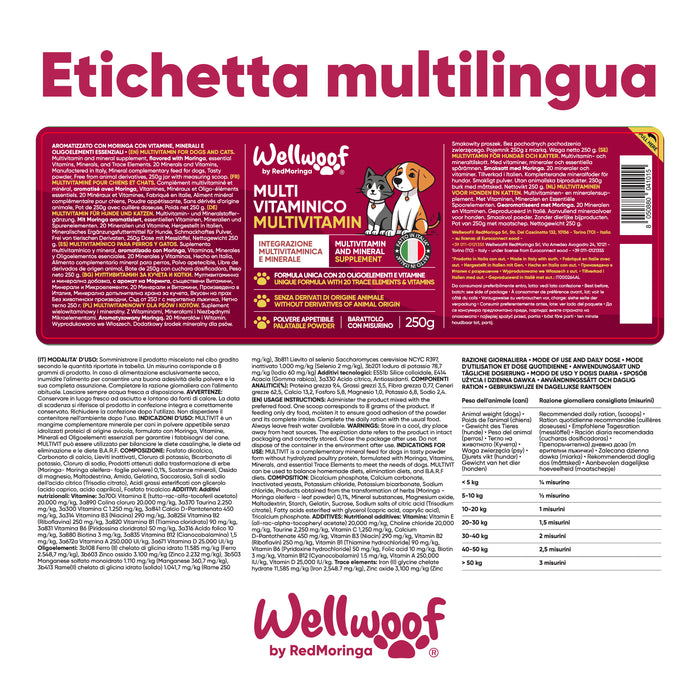 Meertalig etiket van de Wellwoof-multivitamine voor honden en katten met samenstelling, gebruiksaanwijzing en dosering