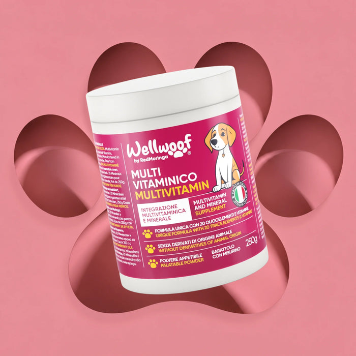 Pot Wellwoof by RedMoringa, multivitamine in poeder voor honden en katten, 250 g met maatschepje
