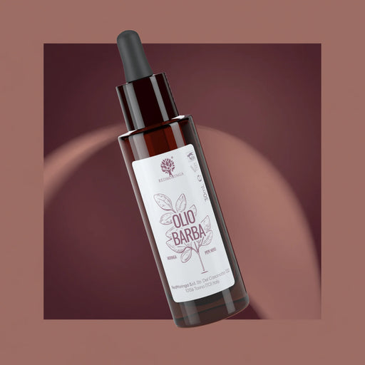 Pipetflesje RedMoringa Baardolie met Moringa, argan, jojoba en macadamia op bordeauxrode achtergrond