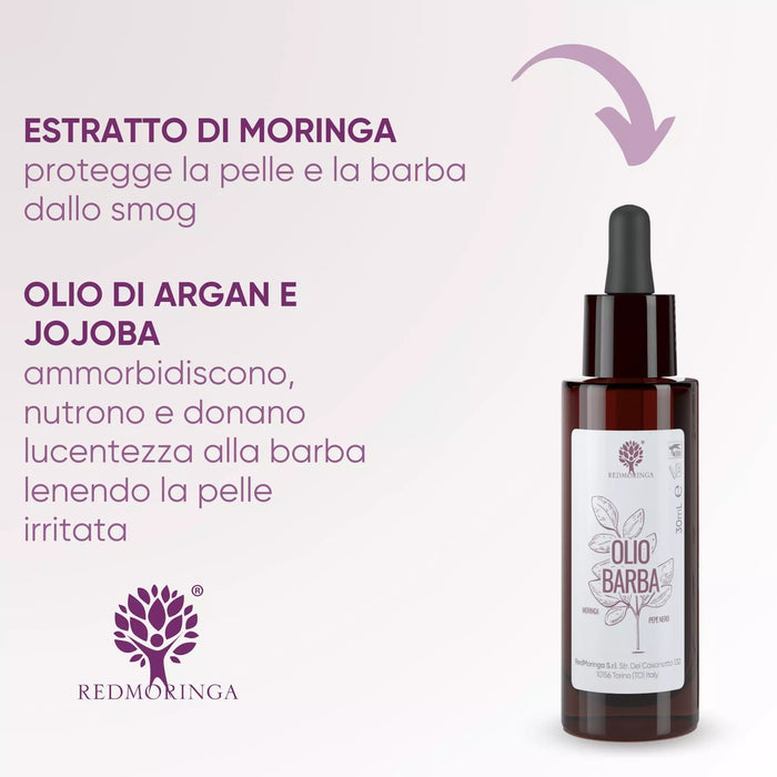 RedMoringa Baardolie en de werkzame stoffen: anti-smog Moringa-extract, argan- en jojoba-olie voor een zachte baard
