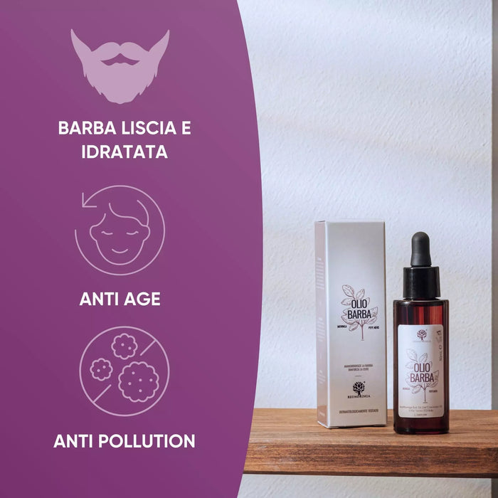 RedMoringa Baardolie met doosje op een houten plank: gladde en gehydrateerde baard, anti-age en anti-pollution