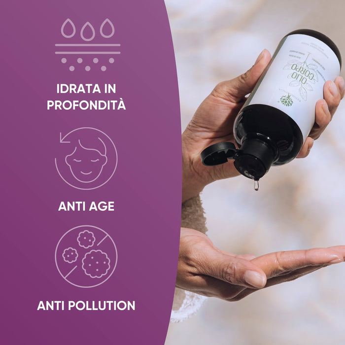 Lichaamsolie met Moringa uit de fles op de handpalm gegoten: hydrateert diep, anti-age en anti-pollution