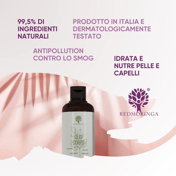 RedMoringa Moringa-olie lichaam en haar op roze achtergrond: 99,5% natuurlijk, made in Italy, hydrateert en voedt