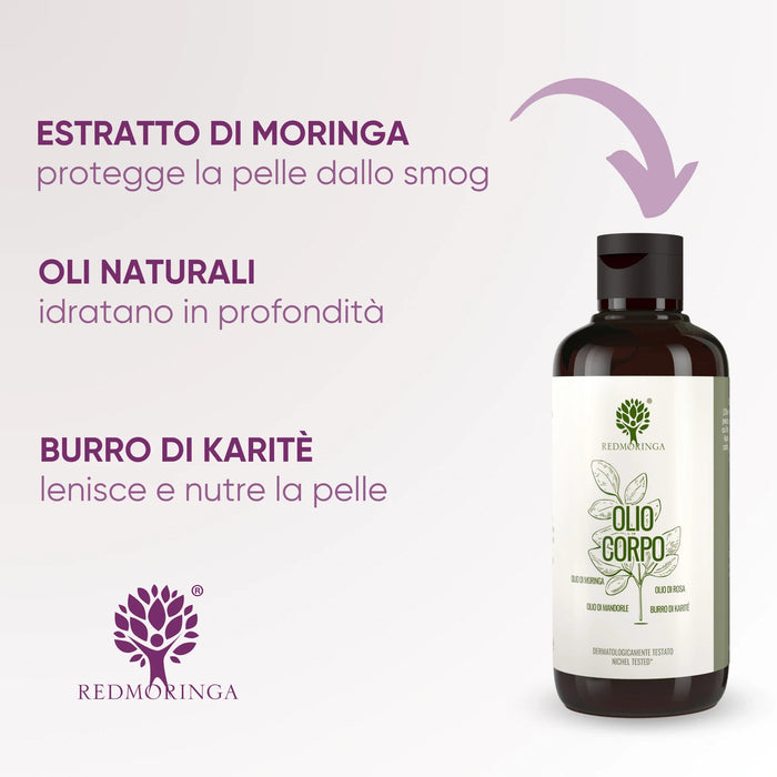 Ingrediënten van de moringa-olie voor lichaam en haar: anti-smog Moringa-extract, hydraterende natuurlijke oliën en sheaboter