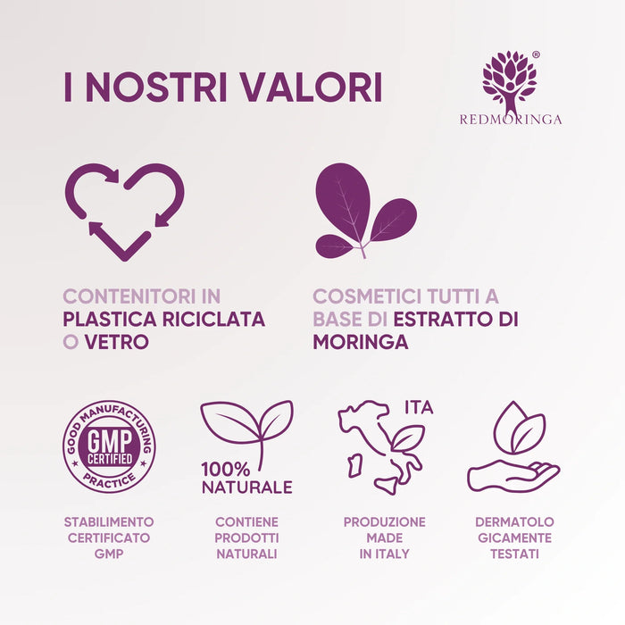 Infographic van de RedMoringa-waarden: gerecyclede of glazen verpakkingen, Moringa-extract, GMP, natuurlijk, made in Italy