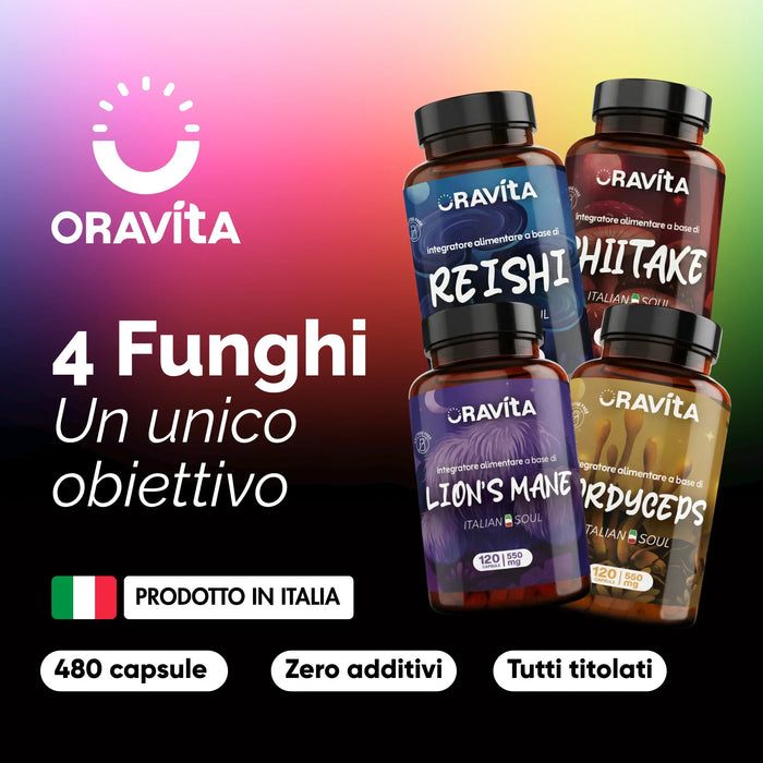 Oravita kit met 4 paddenstoelen, geproduceerd in Italië: 480 capsules, nul additieven, gestandaardiseerde extracten