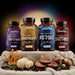 Kit 4 paddenstoelen Oravita met verse paddenstoelen op de voorgrond: Lion's Mane, Cordyceps, Reishi en Shiitake, 480 capsules