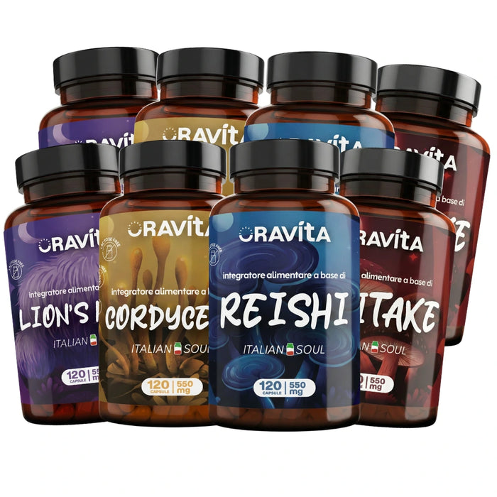 Dubbele Oravita Paddenstoelen Kit: 8 flessen à 120 capsules Lion's Mane, Cordyceps, Reishi en Shiitake op witte achtergrond