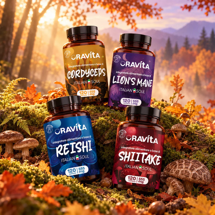 Oravita Paddenstoelen Kit in het herfstbos: Cordyceps, Lion's Mane, Reishi en Shiitake, mix medicinale paddenstoelen 120 caps