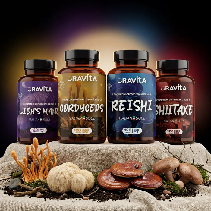 Oravita kit met 4 paddenstoelen: Reishi, Shiitake, Lion's Mane en Cordyceps