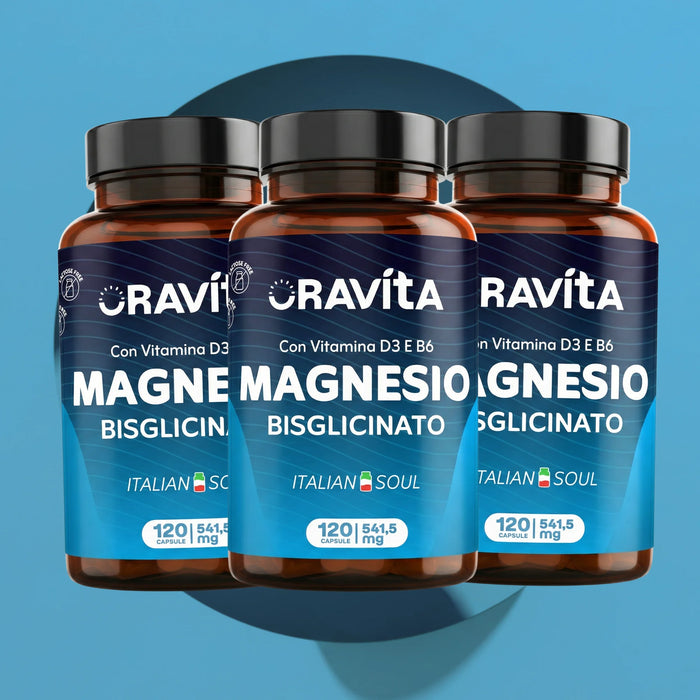 Drie flessen Oravita Magnesiumbisglycinaat met vitamine D3 en B6, 3 x 120 plantaardige capsules, voorraad voor 12 maanden