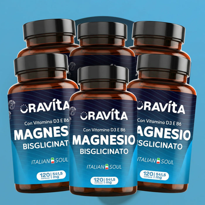 Zes flessen Oravita Magnesiumbisglycinaat met vitamine D3 en B6, 6 x 120 plantaardige capsules, voordeelverpakking