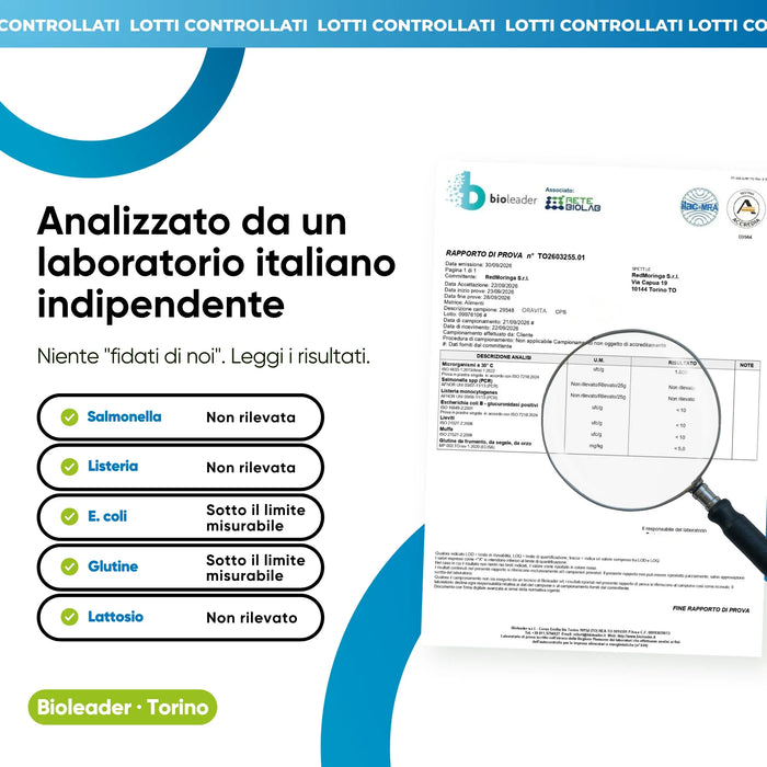 Onafhankelijke laboratoriumanalyse: salmonella, listeria, E. coli, gluten, lactose