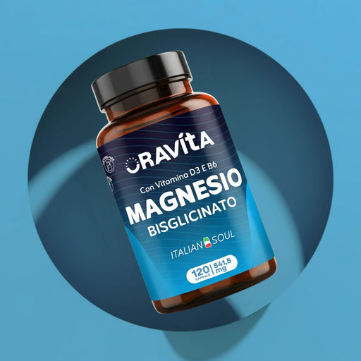Fles Oravita Magnesiumbisglycinaat met vitamine D3 en B6, 120 capsules van 541,5 mg, voedingssupplement gemaakt in Italië