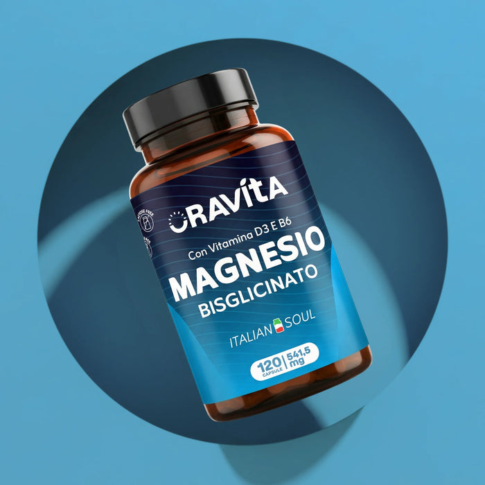 Fles Oravita Magnesiumbisglycinaat met vitamine D3 en B6, 120 capsules van 541,5 mg, voedingssupplement gemaakt in Italië